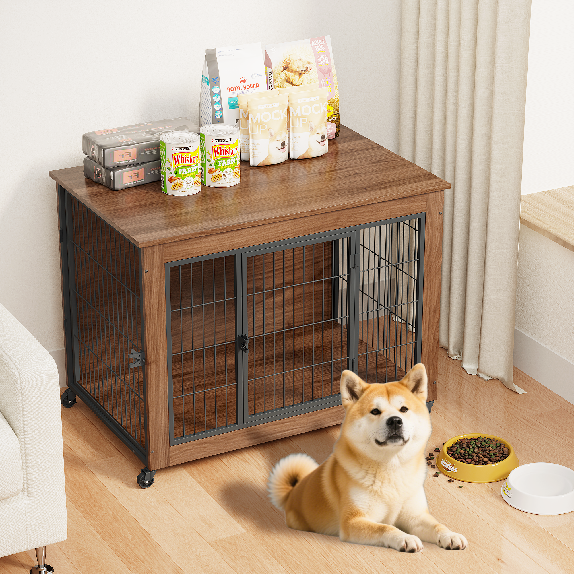 38,6" Dog Crate Furniture with Wheels for Small Dogs, Heavy Duty Dog Kennel Indoor with 2 Doors, Wooden Pet Cage End Table, Double-Doors Sturdy Metal Dog Cage for Anxiety Dog