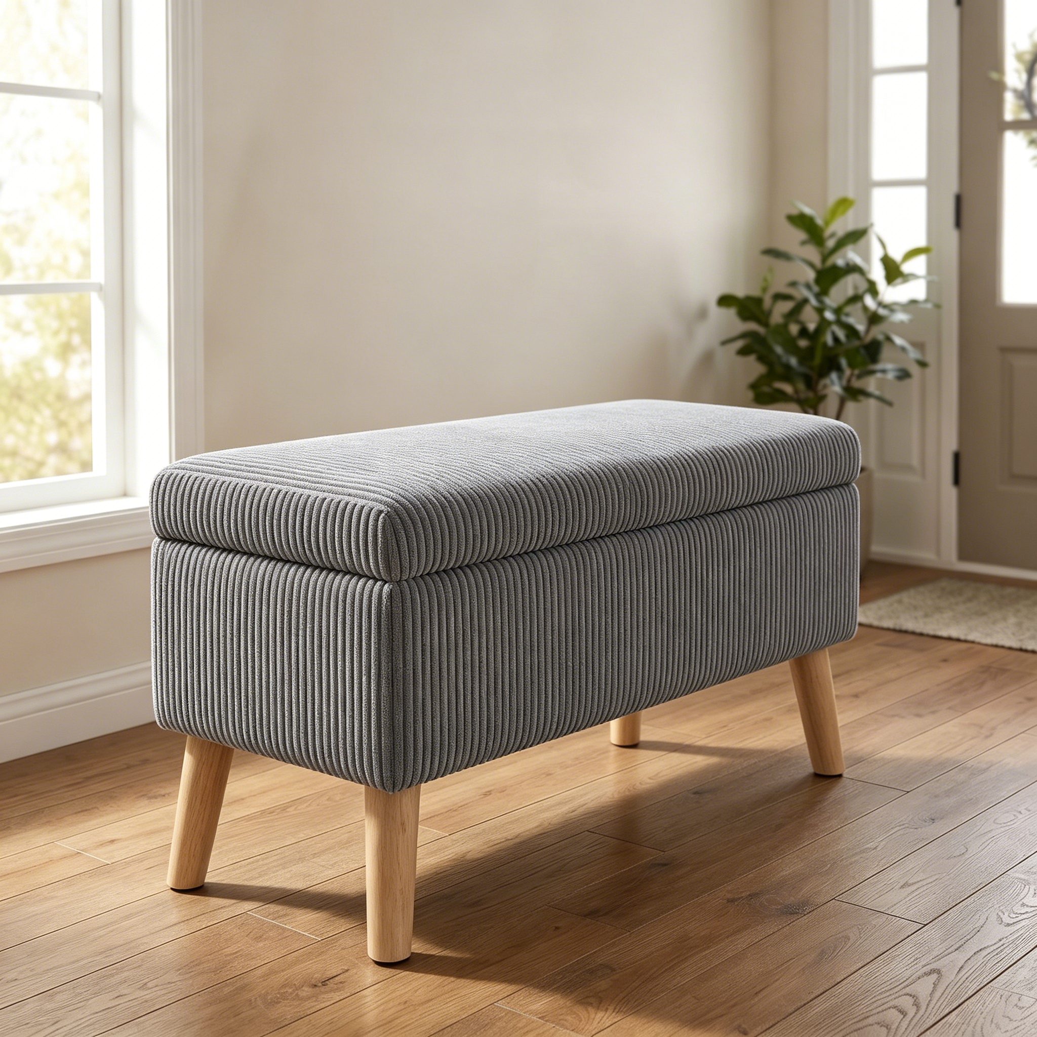 32 inch Wide Olive Grey Corduroy Storage Ottoman Bench with Wooden Legs, Flip-Top Storage Box, Soft Upholstered End of Bed Bench, Footrest & Shoe Bench for Bedroom, Living Room, Entryway