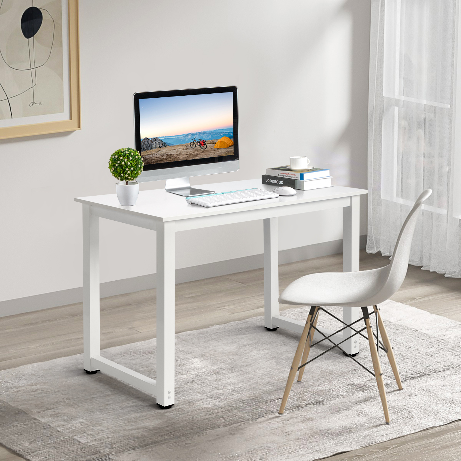 white desktop + white pipe frame P2 particleboard with triamine steel feet 110cm computer desk